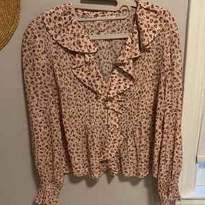 Doen Cream and Red Floral Ruffle Blouse